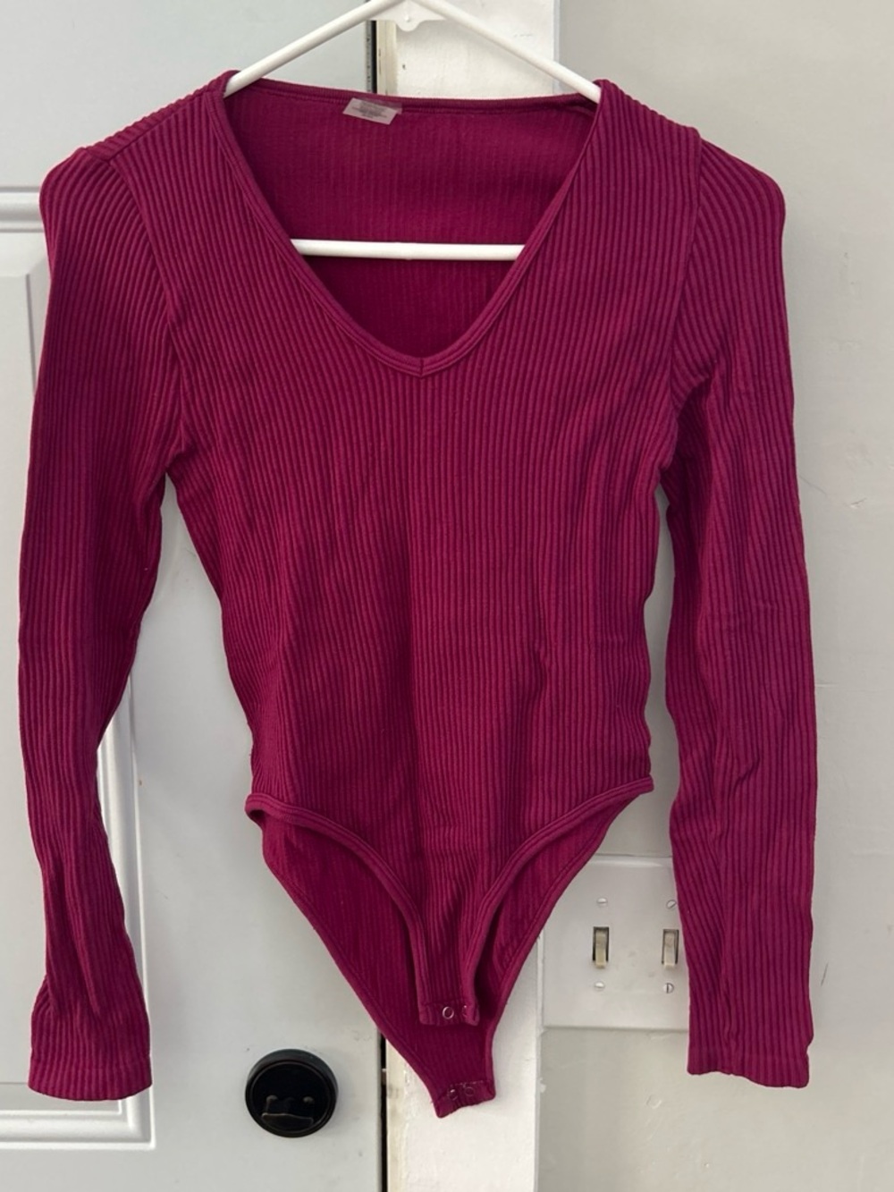 Ribbed V-Neck Long Sleeve Bodysuit in Deep Berry